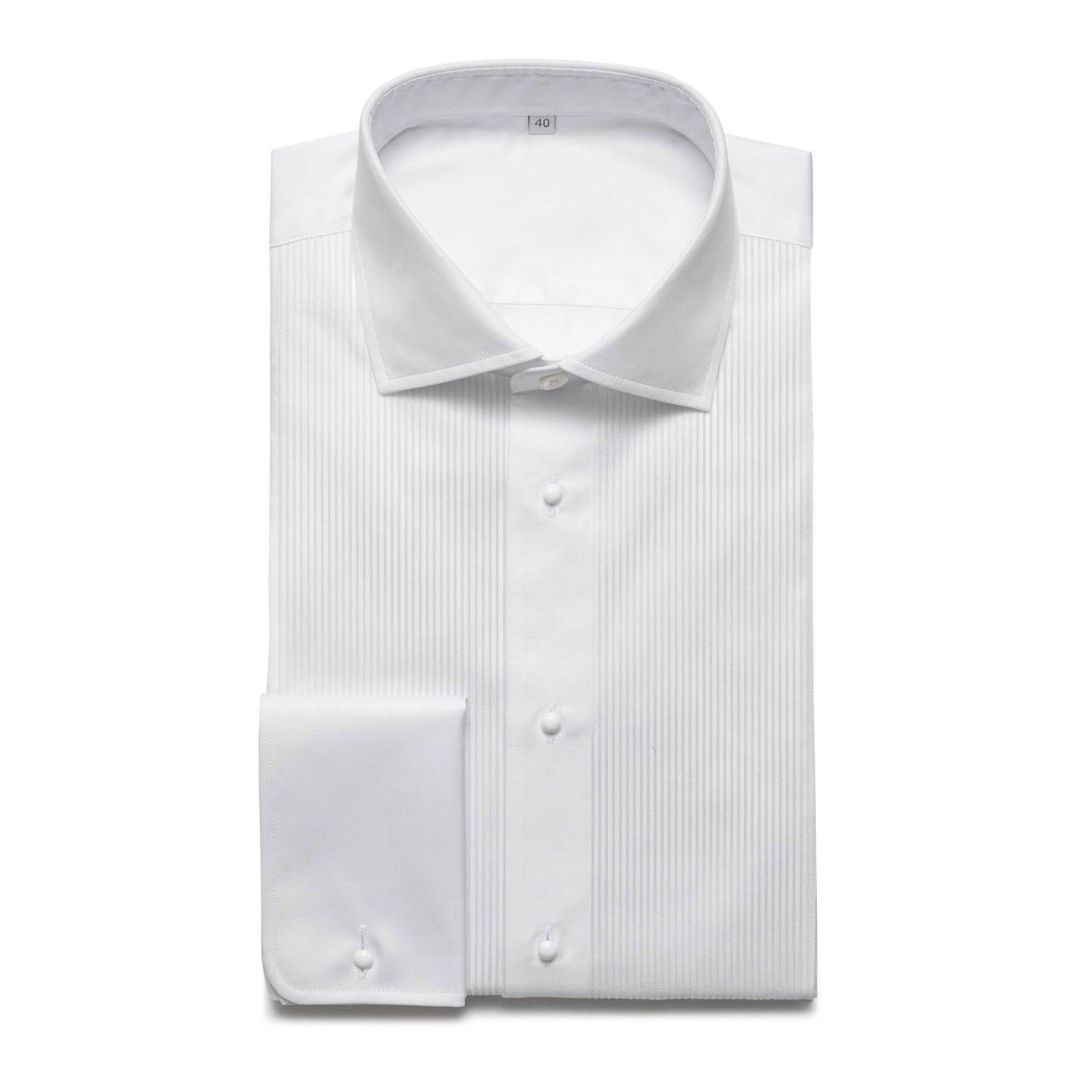 White cotton twill evening shirt with ribbed pleat and double cuffs