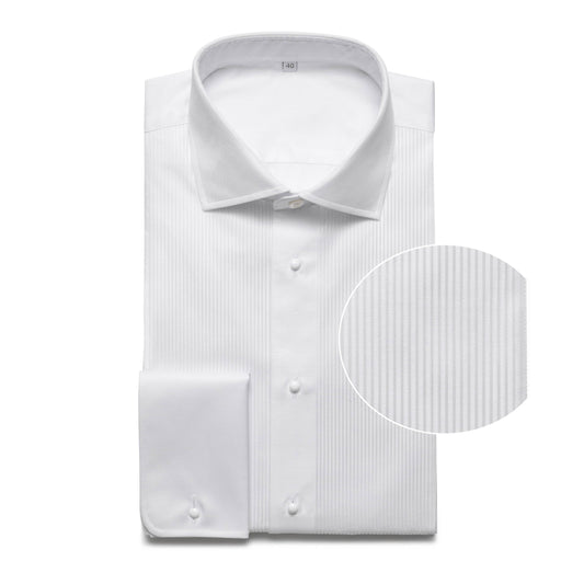 White cotton twill evening shirt with ribbed pleat and double cuffs