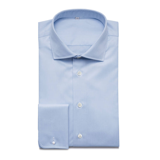 Blue cotton twill business shirt with round double cuffs